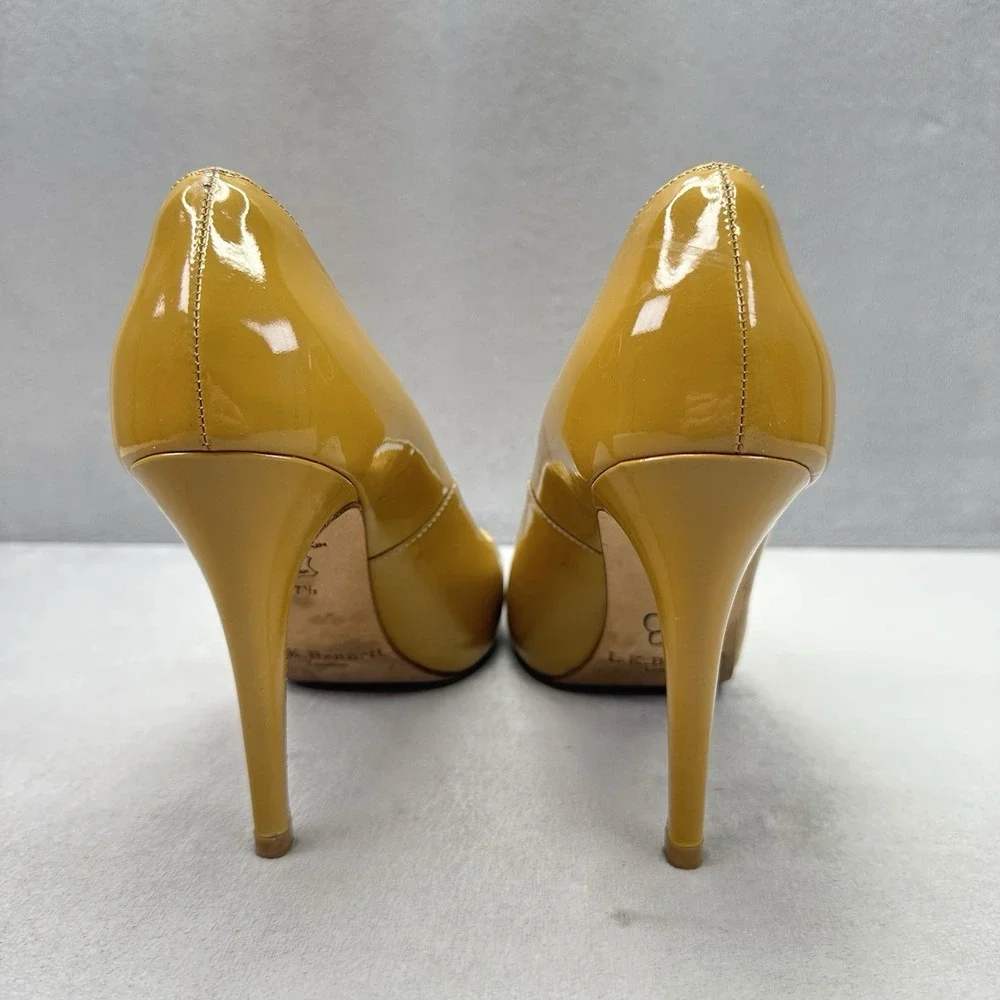 Womens 6.5 / EU 37.5 LK Bennett Pumps Mustard Patent Leather Stiletto Peep Toe